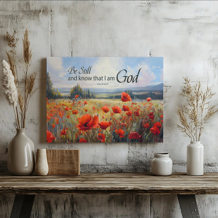 Be Still and Know That I Am God Canvas Art | Psalm 46:10 Red Poppy Field Landscape | Premium Gallery Wrapped | Christian Home Decor Gift