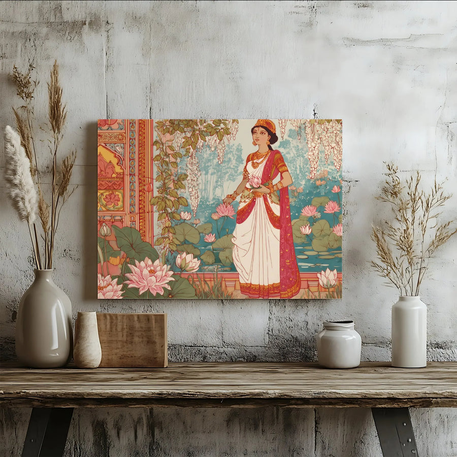 Indian Art Nouveau Woman Horizontal Canvas | Lotus Pond Botanical Portrait | Premium Fade-Resistant Print | Elegant Cultural Home Decor Gift