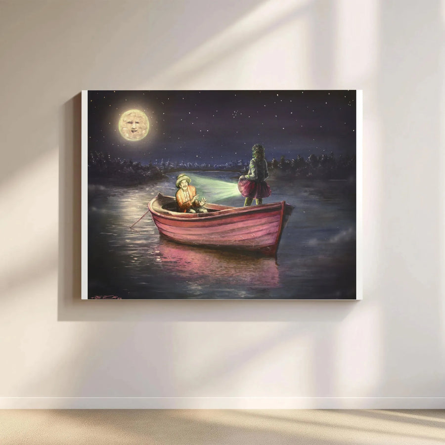 Surreal Night Lake Canvas | Man and Green Creature Rowing Boat | 1.25-Inch Gallery Wrap Print | Unique Fantasy Home Decor Wall Art