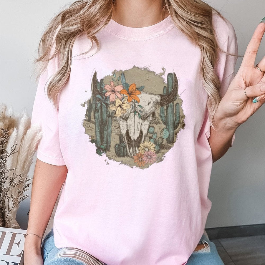 Western Cow Skull T-Shirt | Floral Desert Cactus Graphic | 100% Cotton Premium Tee | Boho Country Style Gift for Women & Cowgirls