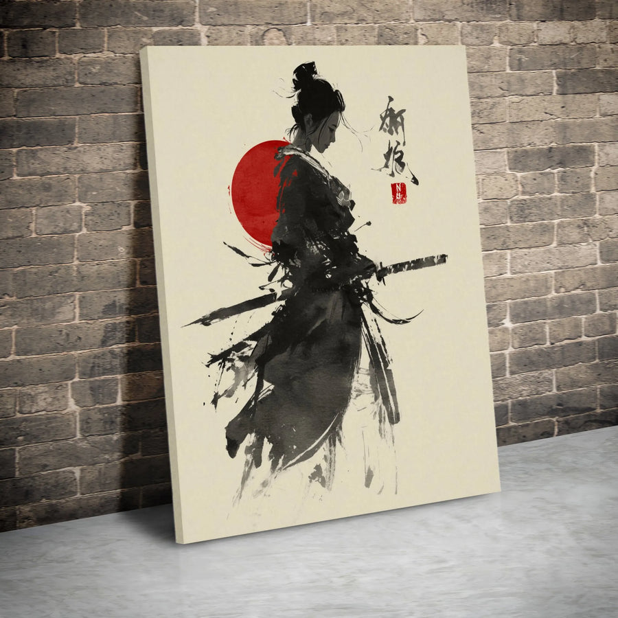Female Samurai Canvas Print | Japanese Ink Wash Painting with Red Sun | Premium Gallery Wrapped Canvas | Collector's Gift for Dojo & Home Decor