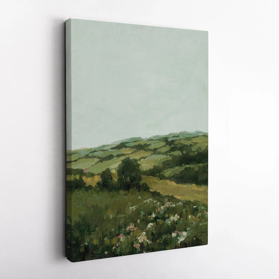 Green Meadow Landscape Vertical Canvas | Impressionist Countryside Painting | Premium Frameless Wall Art | Limited Edition Farmhouse Decor