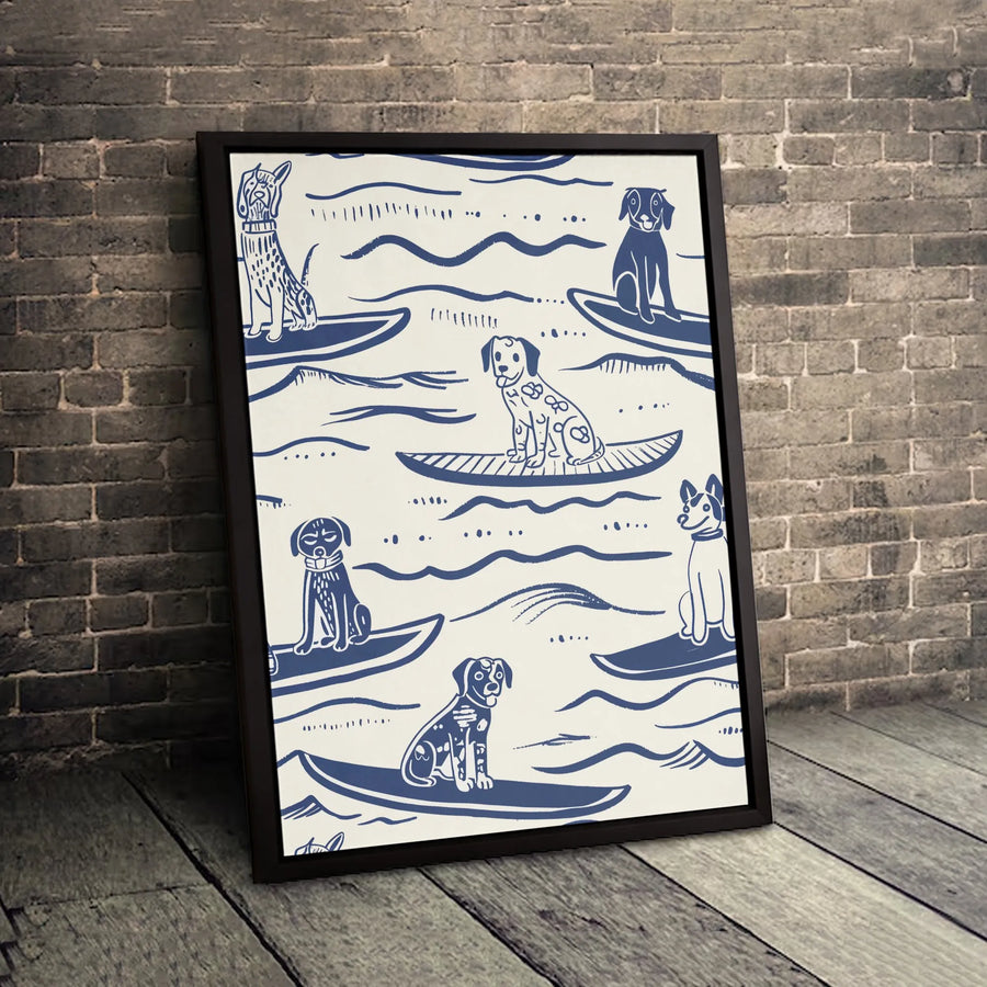 Surfing Dogs Wall Art | Blue and White Minimalist Pattern | Gallery-Quality Premium Canvas | Coastal Decor Gift for Dog Lovers