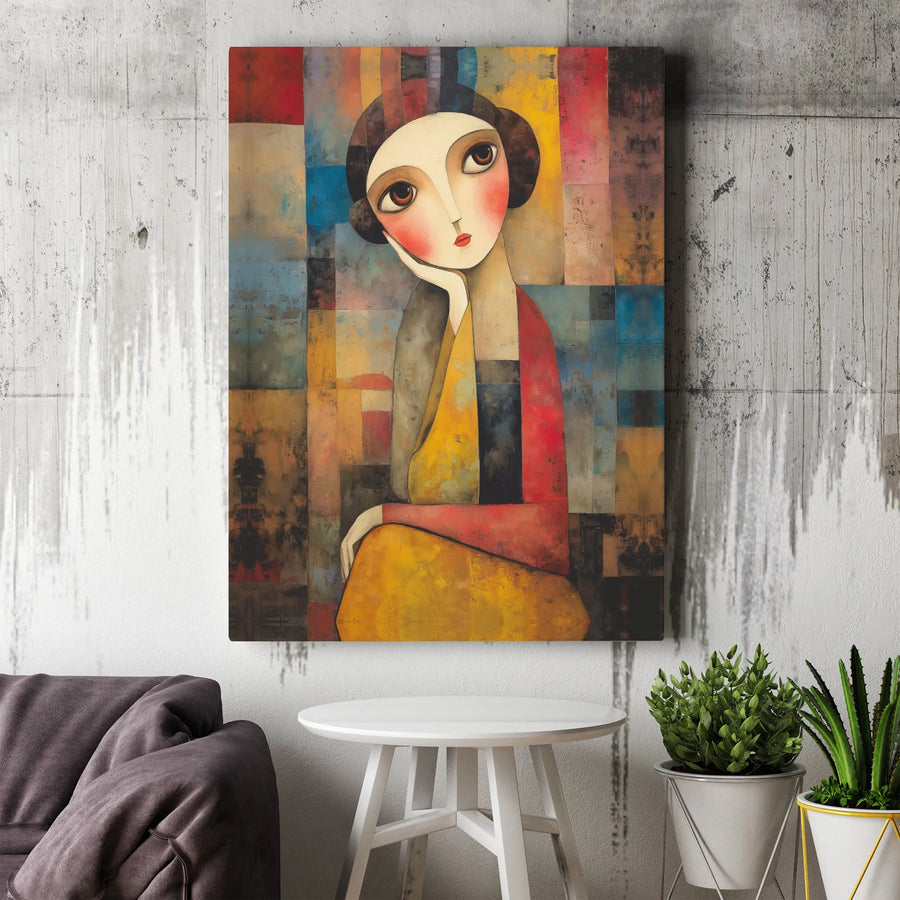 Abstract Woman Portrait Canvas Wall Art | Modern Figurative Painting with Geometric Background | Premium Gallery Wrapped Canvas | Collector's Gift for Art Lovers