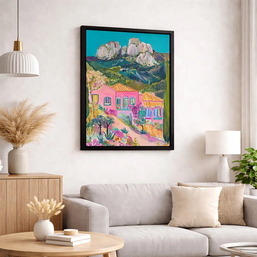 Mediterranean Villa Canvas Art | Pink House Mountain Landscape Print | Premium Gallery Wrapped Wall Decor | Colorful Travel-Inspired Gift
