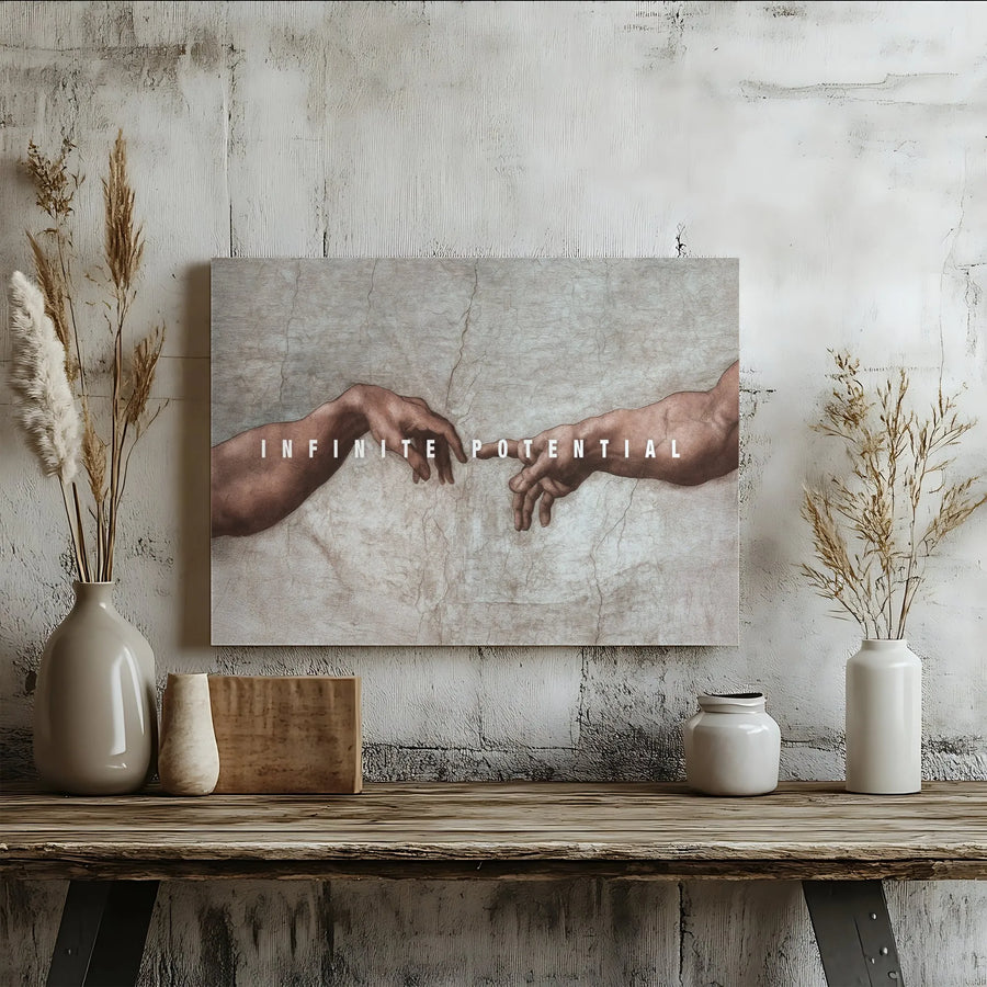 Creation Of Adam Canvas Wall Art | Infinite Potential Motivational Quote | Premium Gallery Wrapped Print | Inspirational Office Decor