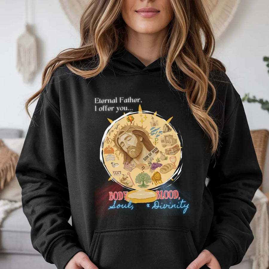 Divine Mercy Hoodie | Body Blood Soul Divinity Graphic | Premium Cotton Blend | Catholic Christian Religious Gift