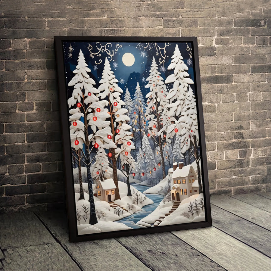 Winter Christmas Village Canvas Wall Art | 3D Papercut Forest Scene | Premium Gallery Wrap Print | Festive Holiday Home Decor Gift
