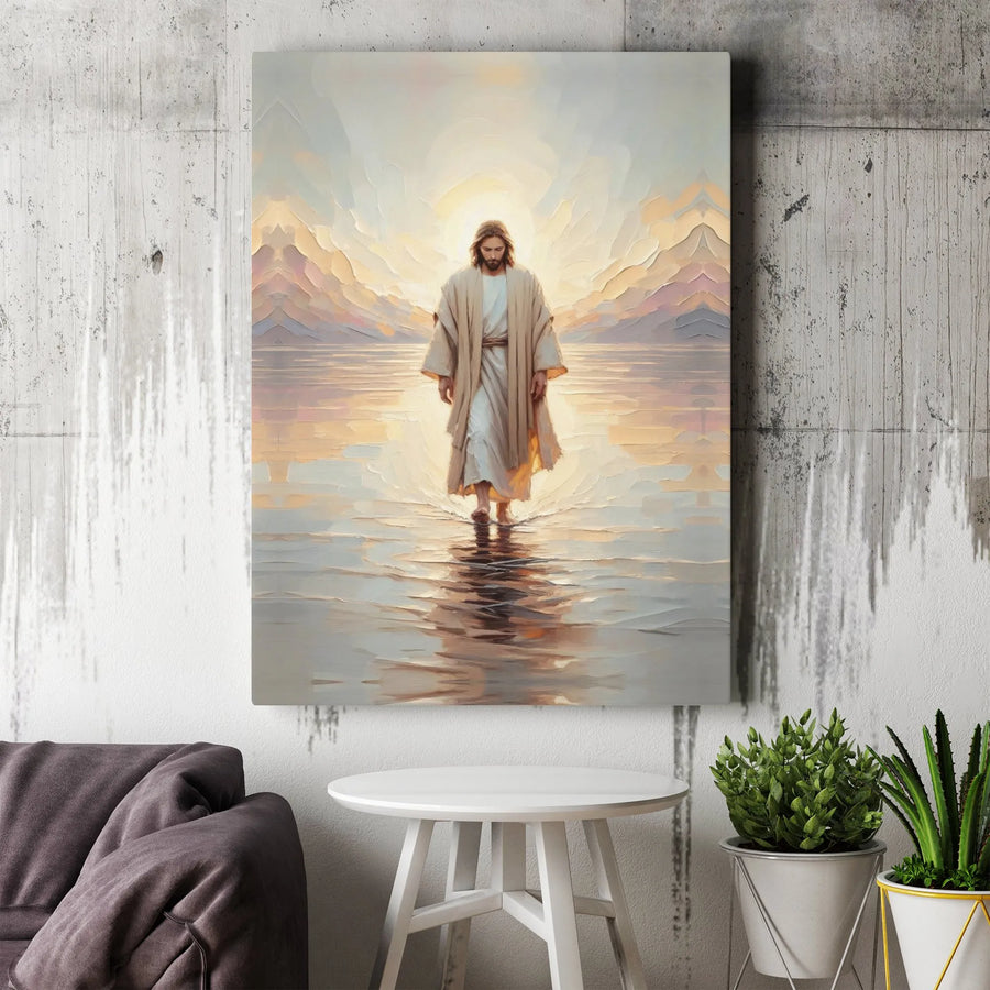 Jesus Walking On Water Canvas Wall Art | Serene Sunrise Religious Print | Premium Gallery Wrapped Decor | Christian Gift For Home Or Office