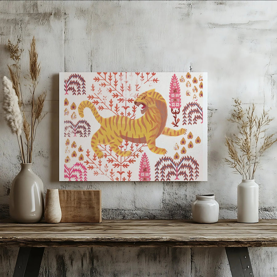 Tibetan Tiger Canvas Wall Art | Vintage Folk Art Illustration | Premium Gallery Wrapped Canvas | Eclectic Bohemian Home Decor Gift