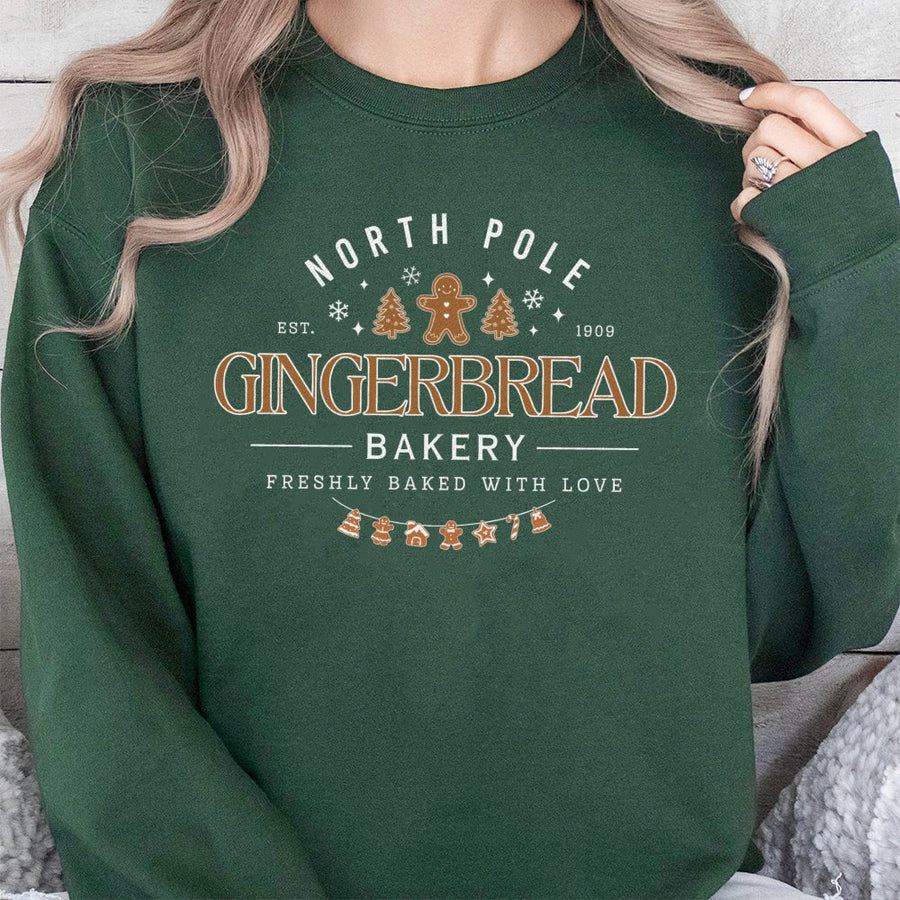 Gingerbread Bakery Christmas Sweatshirt | North Pole Festive Cookie Graphic | Cotton Blend Premium Crewneck | Holiday Gift For Women And Men