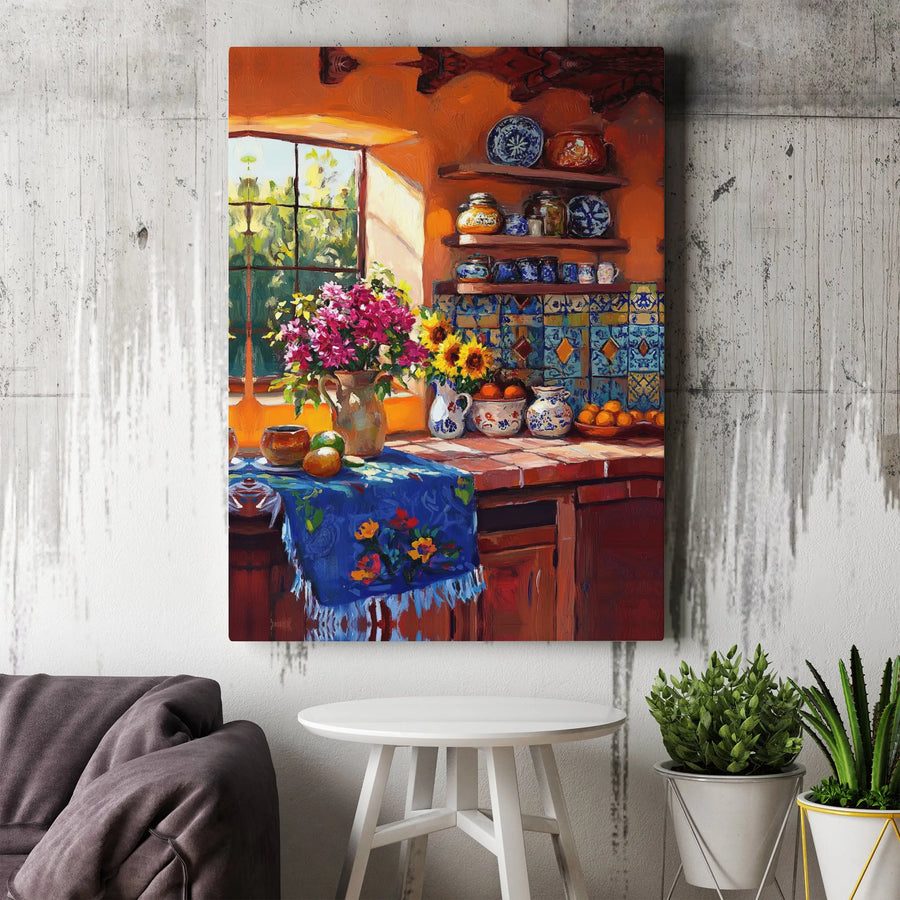 Rustic Kitchen Still Life Canvas Print | Sunlit Mediterranean Decor | 1.25-Inch Gallery Wrap | Warm Botanical Farmhouse Wall Art