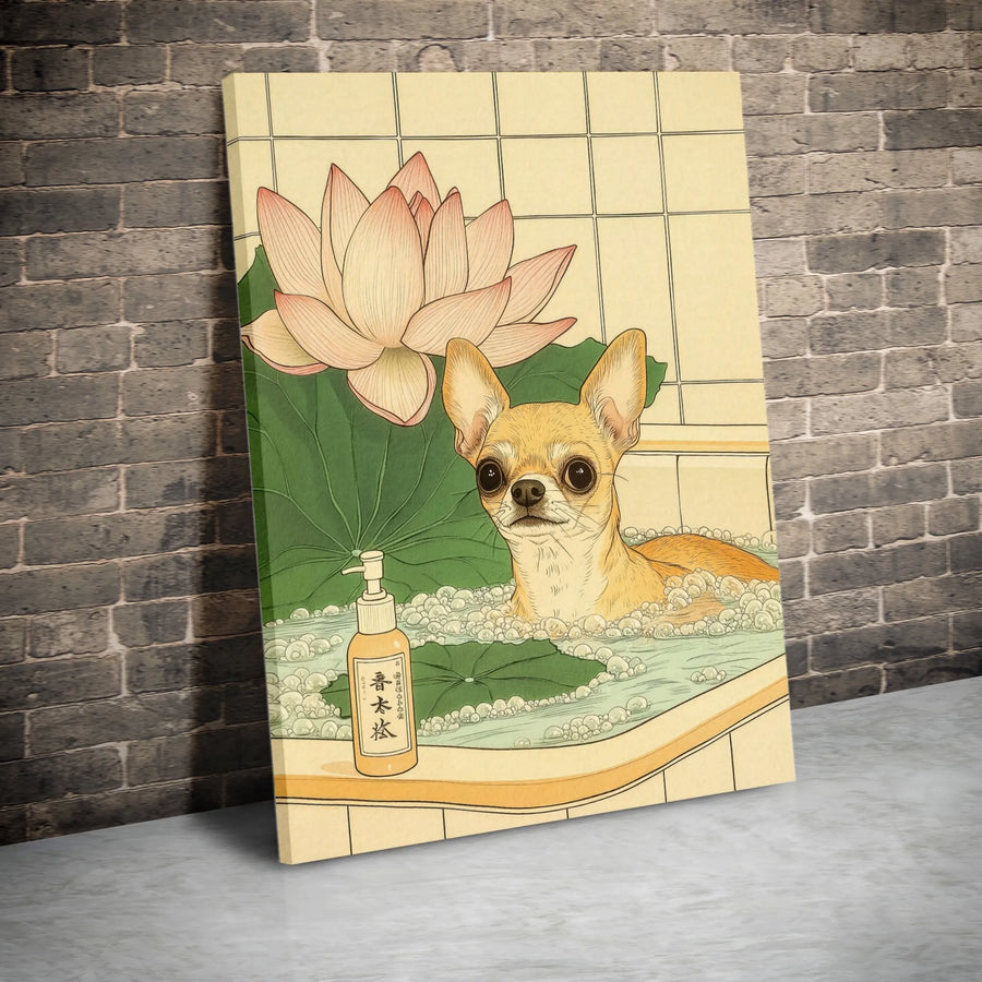 Chihuahua Bubble Bath Wall Art | Japanese Ukiyo-E Lotus Design | Premium Fade-Resistant Canvas | Unique Dog Lover Gift Home Decor