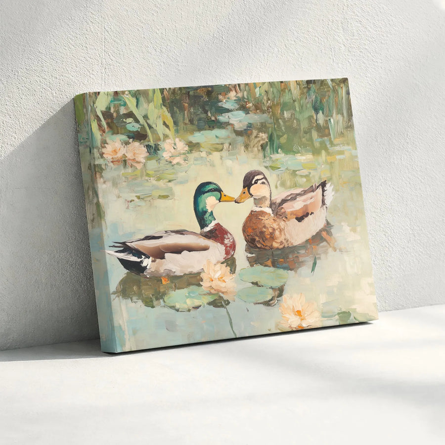 Mallard Ducks Canvas Wall Art | Impressionist Style Pond Painting | Premium Fade-Resistant Print | Farmhouse & Cottagecore Decor Gift