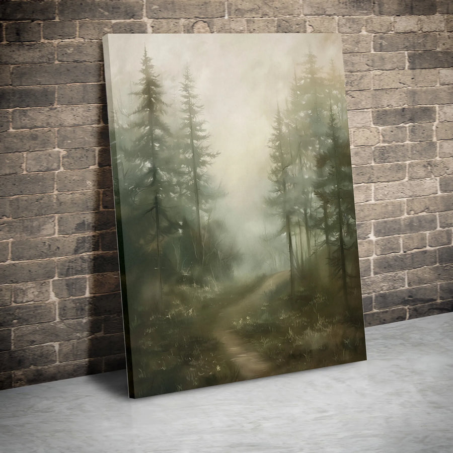 Misty Forest Vertical Canvas | Moody Woodland Path Art Print | Premium Gallery Style Wall Decor | Rustic Cabin Decor Gift
