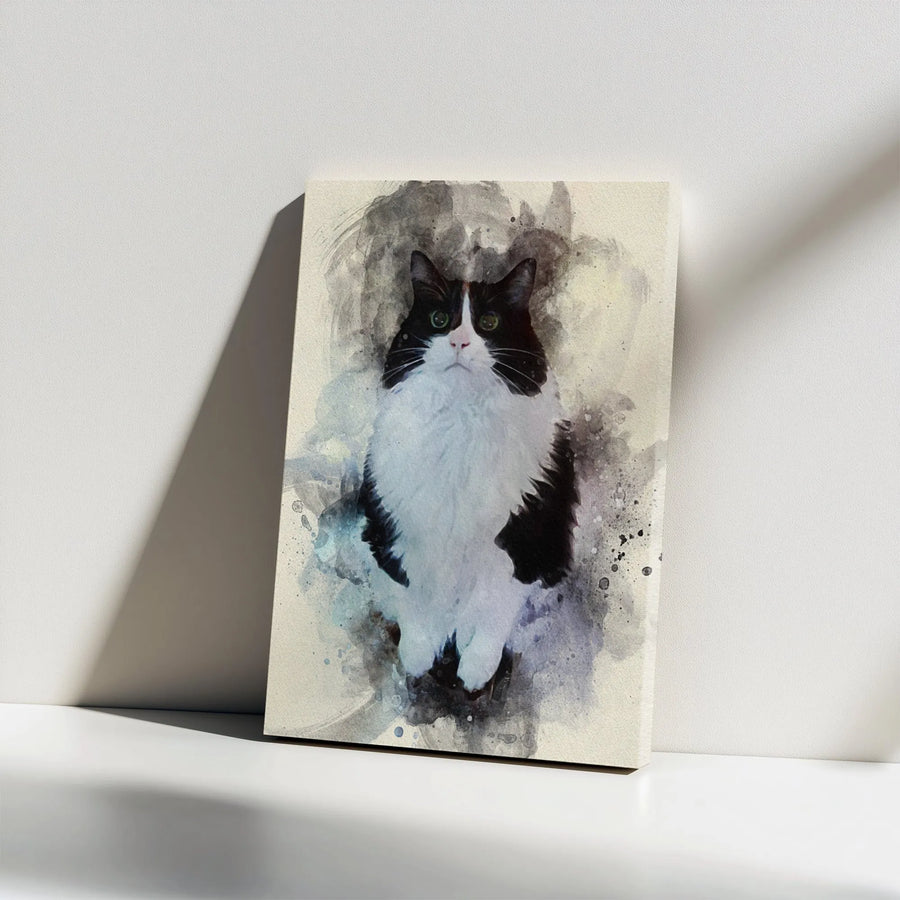 Tuxedo Cat Wall Art | Watercolor Black and White Portrait | Premium Gallery Wrap Canvas | Unique Cat Lover Gift for Home Decor