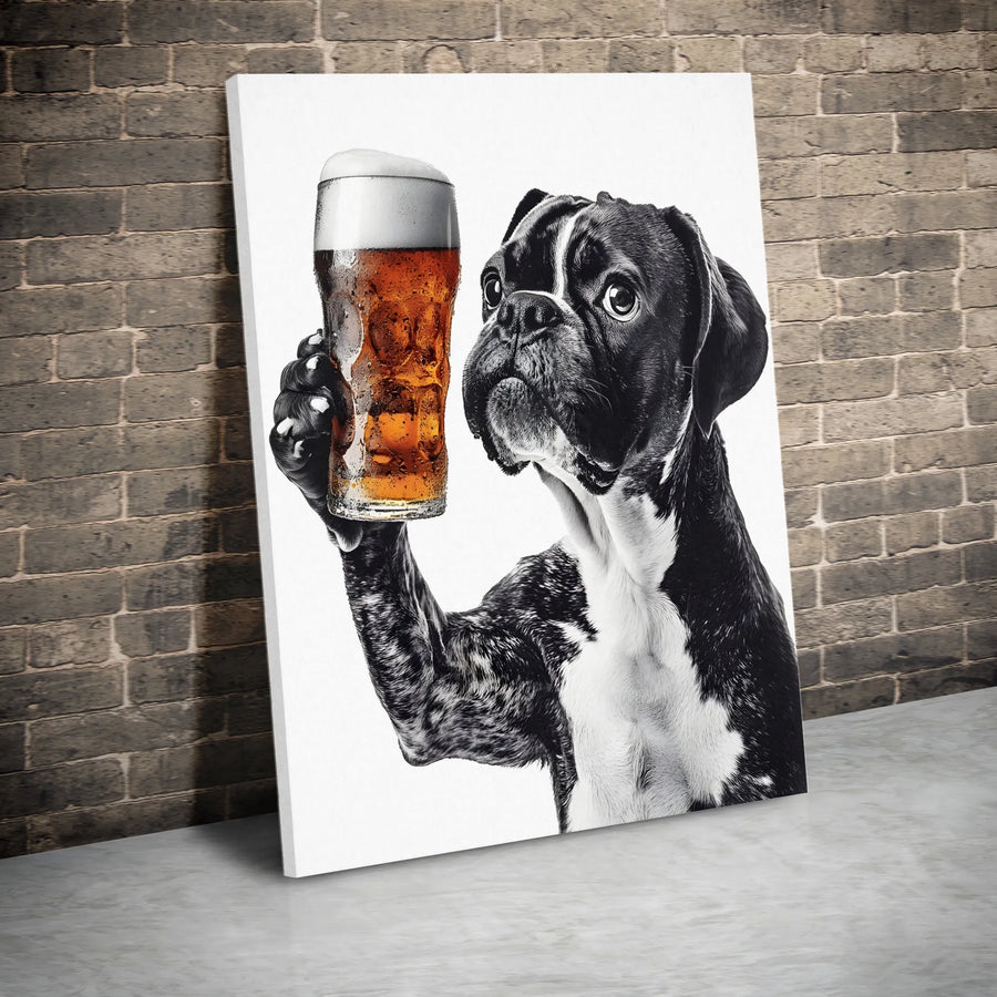 Boxer Dog Wall Art | Funny Beer Drinking Dog Illustration | Premium Gallery Wrapped Canvas | Gift for Dog Lovers & Bar Decor