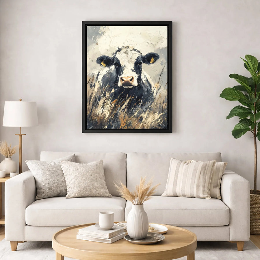 Black and White Cow Canvas Art | Abstract Farmhouse Wall Decor | Gallery-Wrapped Premium Print | Rustic Kitchen or Living Room Gift