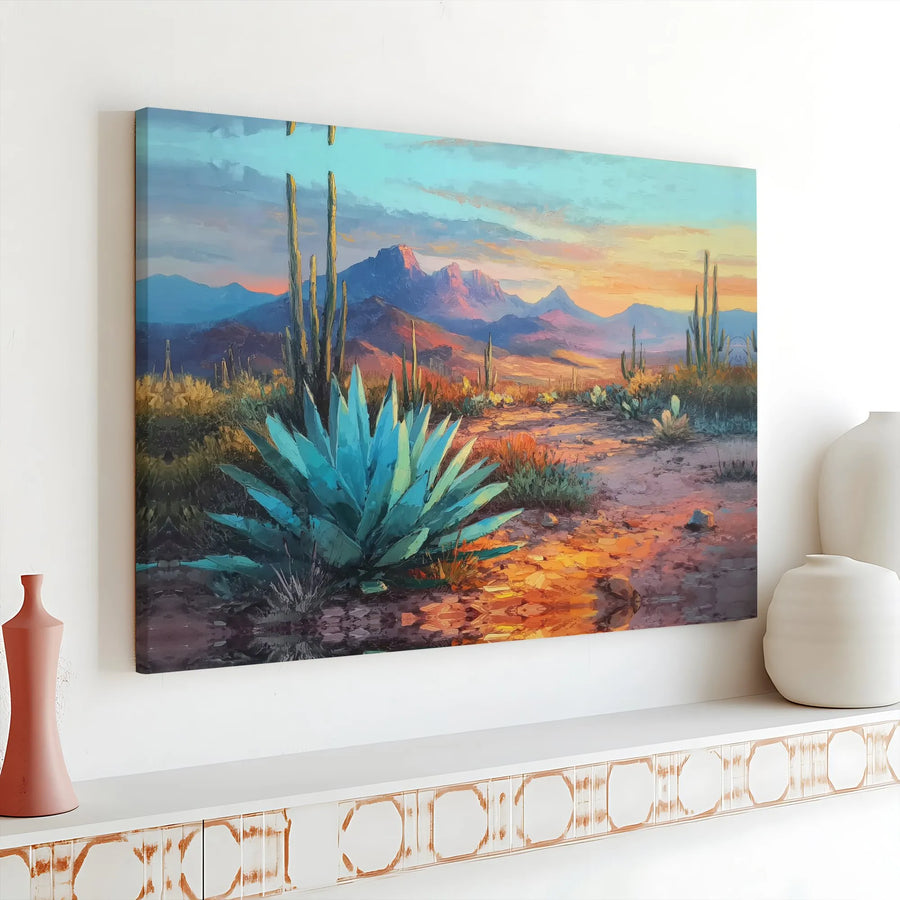 Southwestern Desert Canvas Wall Art | Vibrant Saguaro Cactus Sunset | Gallery Wrapped Premium Canvas | Western Home Decor Gift