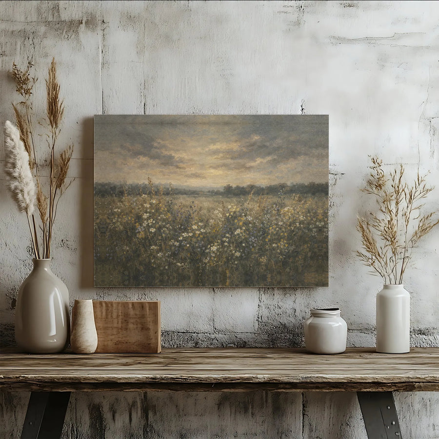 Vintage Wildflower Meadow Canvas Print | Moody Landscape Painting | Premium Gallery Wrapped Canvas | Farmhouse Living Room Decor Gift