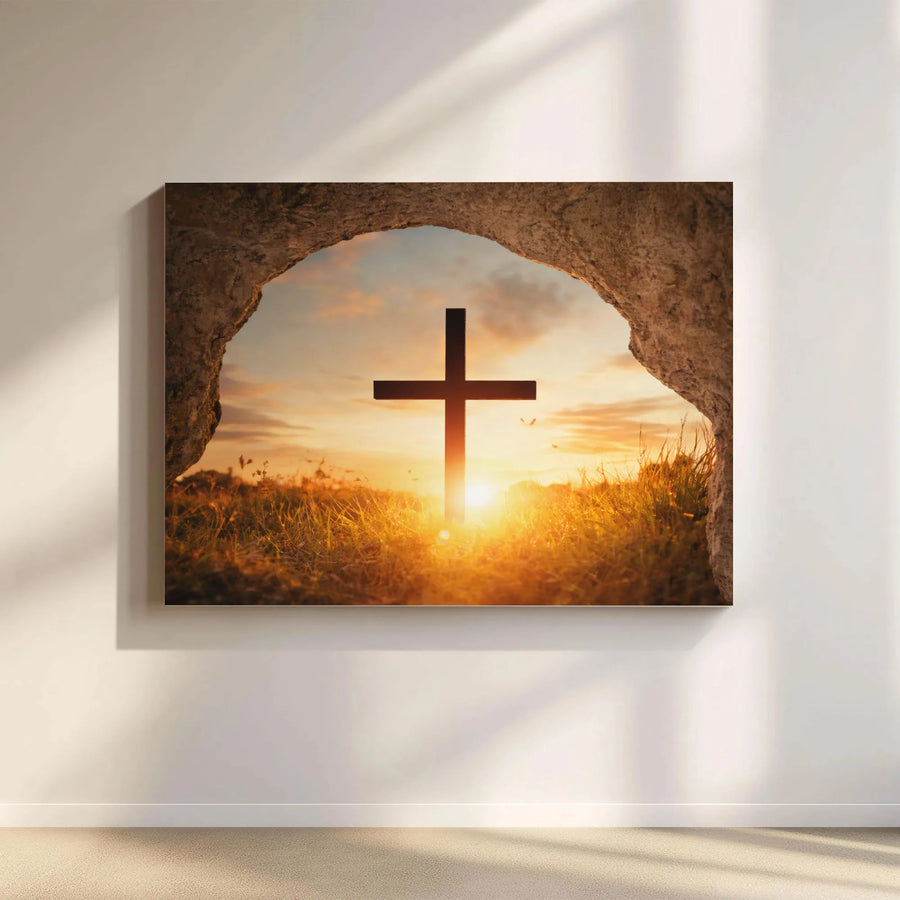 Empty Tomb Canvas Wall Art | Christian Cross at Sunrise | Premium Thick Gallery Wrap | Inspirational Faith Decor Gift