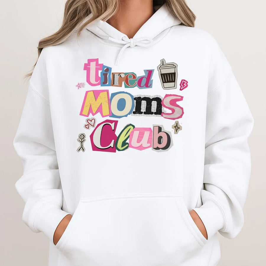 Tired Moms Club Hoodie | Funny Mom Life Pullover with Coffee Graphic | Cozy Cotton Blend | Mothers Day Gift for Her