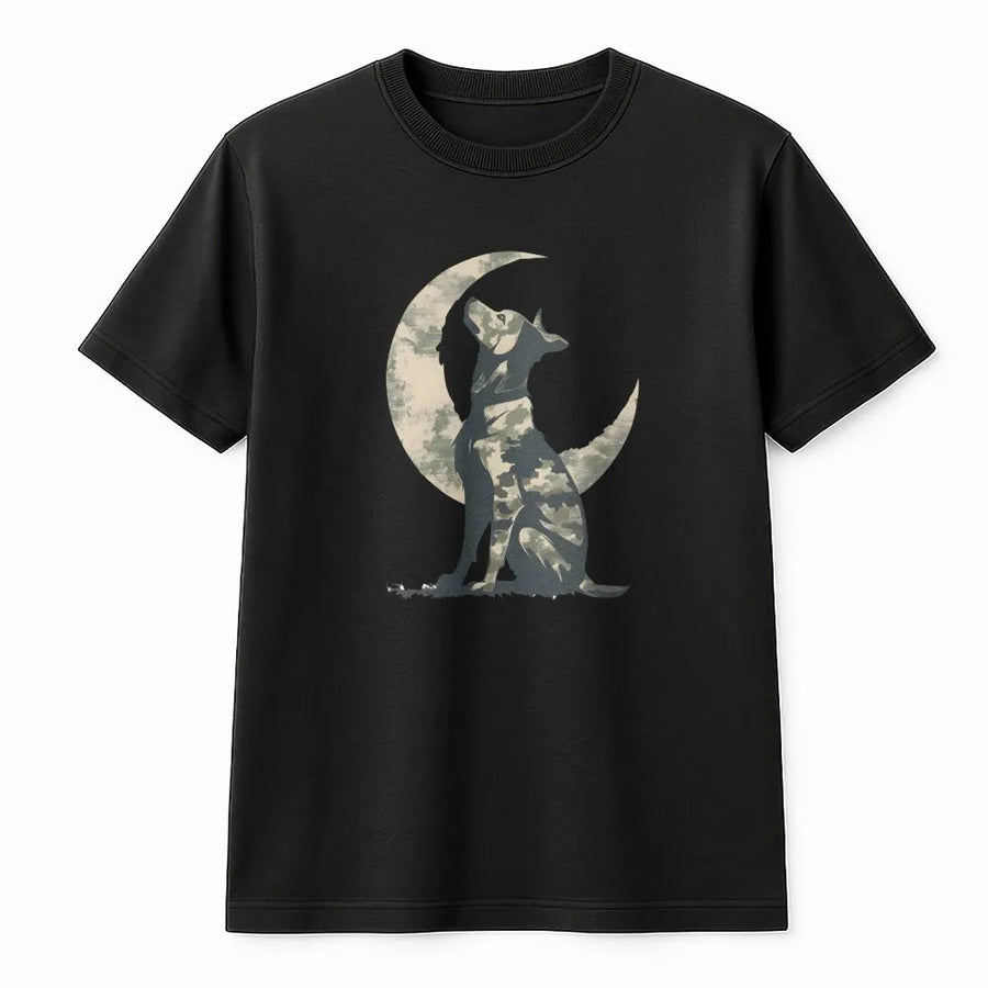 Camo Dog Moon T-Shirt | Distressed Wildlife Silhouette Graphic | 100% Cotton Premium Tee | Unique Gift for Hunters & Dog Lovers