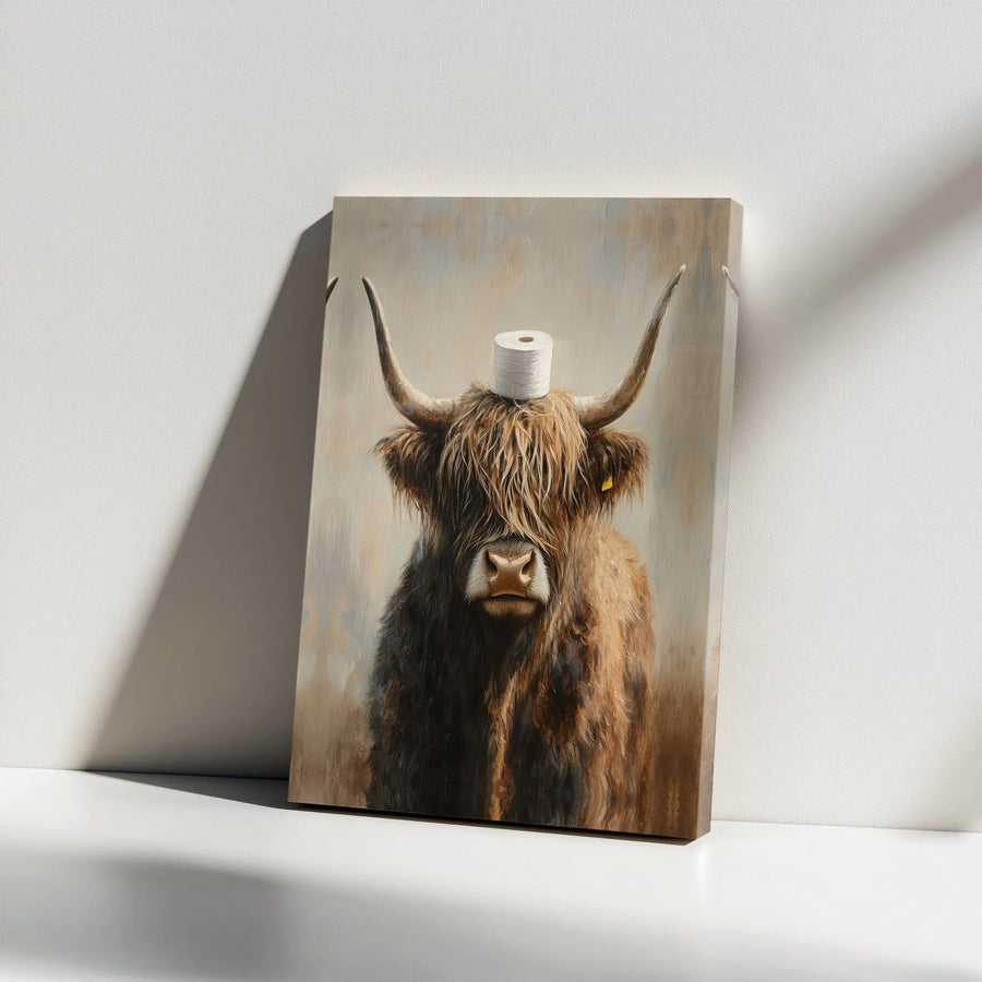 Highland Cow Bathroom Wall Art | Funny Toilet Paper Roll Painting | Gallery Wrapped Premium Canvas | Whimsical Farmhouse Home Decor Gift