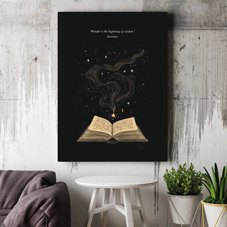 Socrates Quote Canvas Art | Wonder Is The Beginning Of Wisdom Wall Decor | Magical Book Celestial Aesthetic Print | Premium Gallery Wrap Gift for Readers