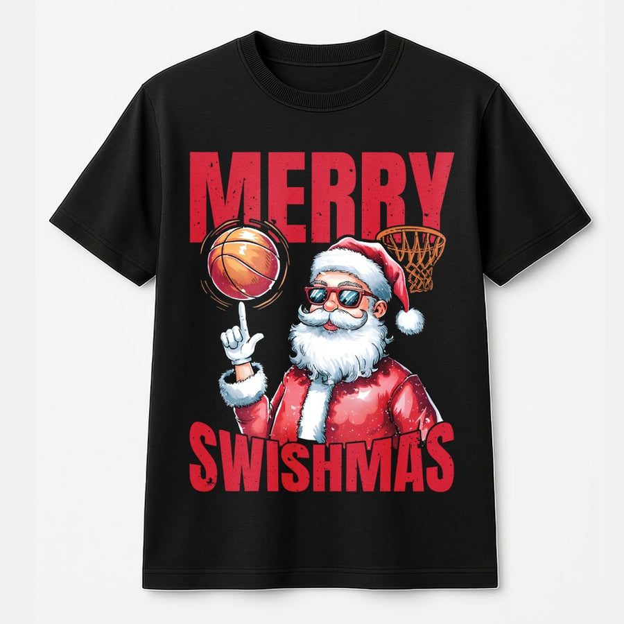 Merry Swishmas Basketball Santa T-Shirt | Retro Graphic Holiday Sports Design | 100% Cotton Premium Tee | Fun Christmas Gift For Basketball Players
