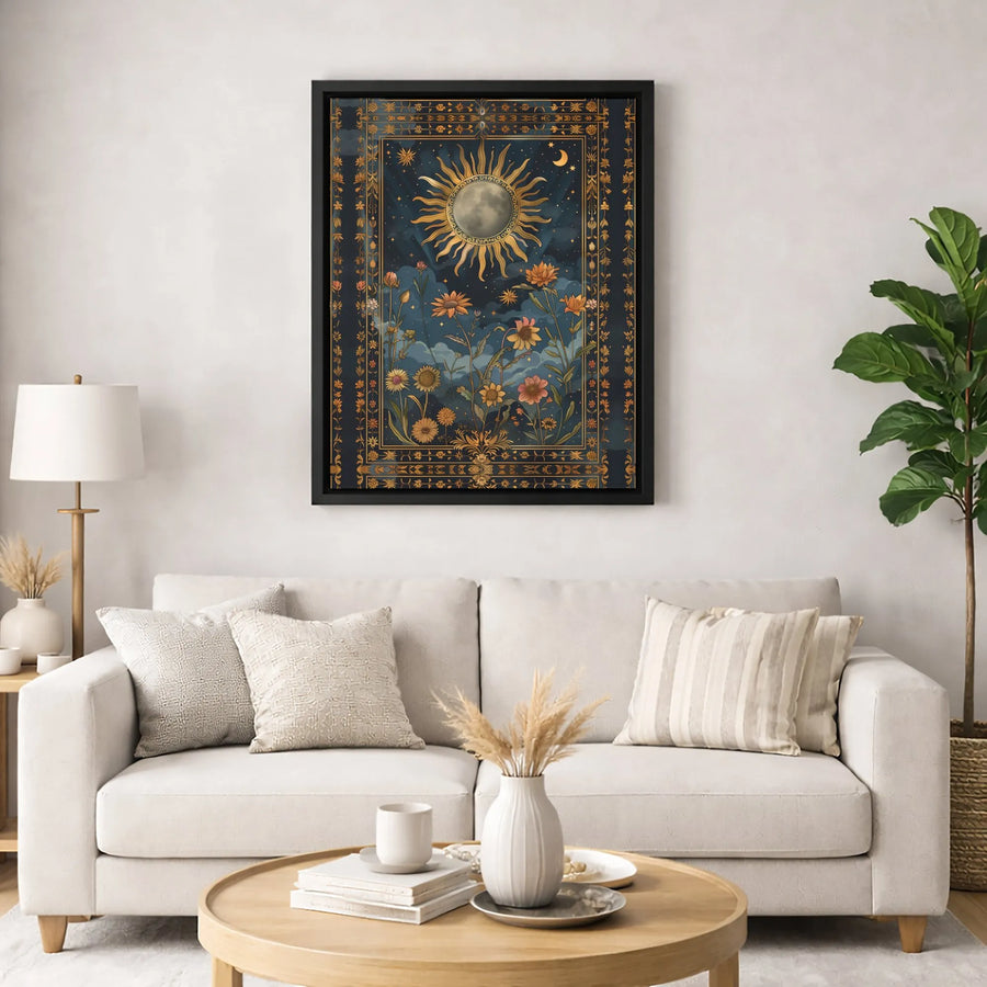Celestial Sun And Moon Canvas Art | Boho Wildflower Tarot Style Print | Premium Gallery Wrap Wall Decor | Spiritual Witchy Home Gift