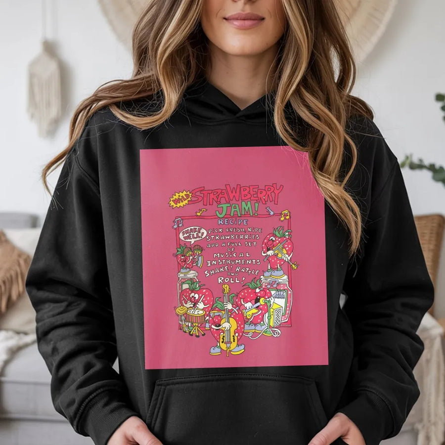 Strawberry Jam Band Hoodie | Cute Retro Fruit Cartoon Graphic | Premium Cotton Blend Streetwear | Aesthetic Indie Gift For Music Lovers