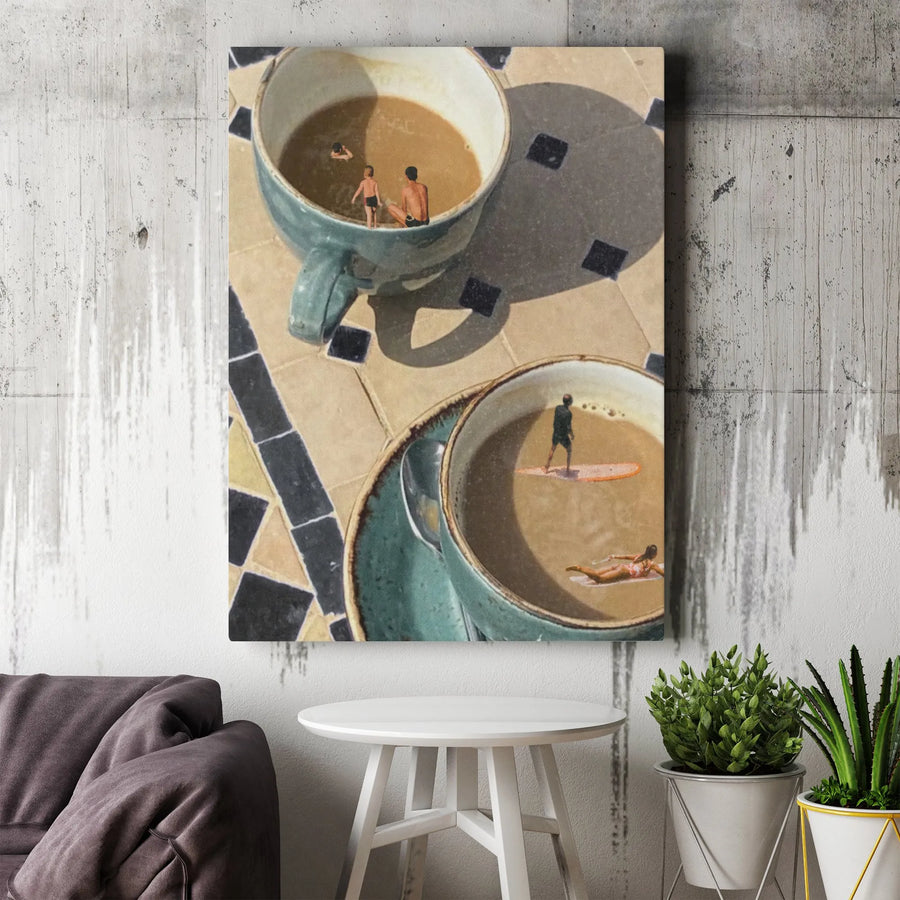 Surreal Coffee Cup Surfing Canvas Art | Whimsical Miniature People Wall Decor | Premium Gallery Wrapped Canvas | Unique Kitchen Decor Gift for Coffee Lover