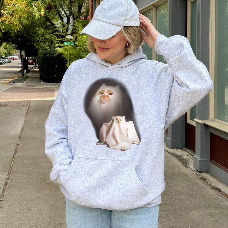 Ghost Cat Hoodie | Funny Kitten Graphic Sweatshirt | Cotton Blend Aesthetic Apparel | Unique Meme Gift for Cat Lovers