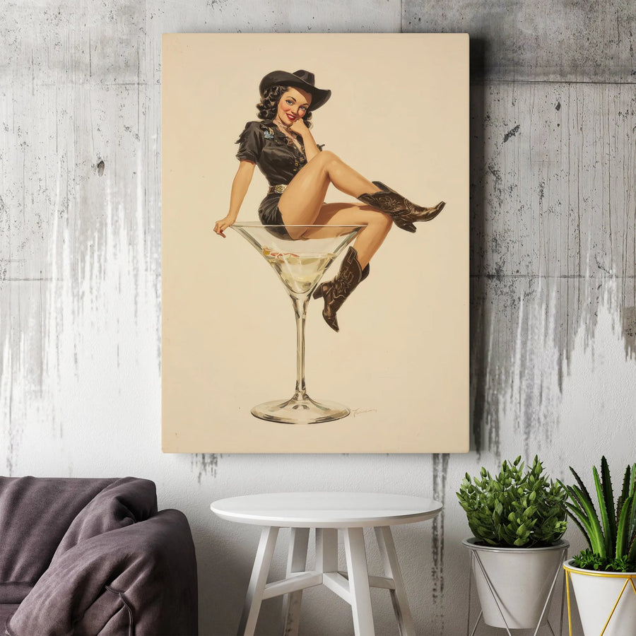 Vintage Cowgirl Pin-Up Canvas Art | Martini Glass Western Retro Print | Premium Gallery Wrap Wall Decor | Man Cave Bar & Kitchen Gift Idea