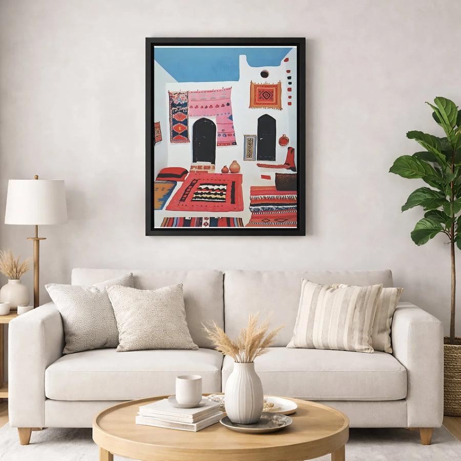 Moroccan Market Canvas Wall Art | Vibrant Bohemian Rug Display | Premium 1.25" Gallery Wrap | Boho Home Decor Gift For Travel Lovers