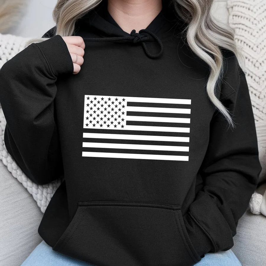 Black and White American Flag Hoodie | Monochrome USA Flag Pullover | Soft Crewneck Jumper | Patriotic Gift for Men