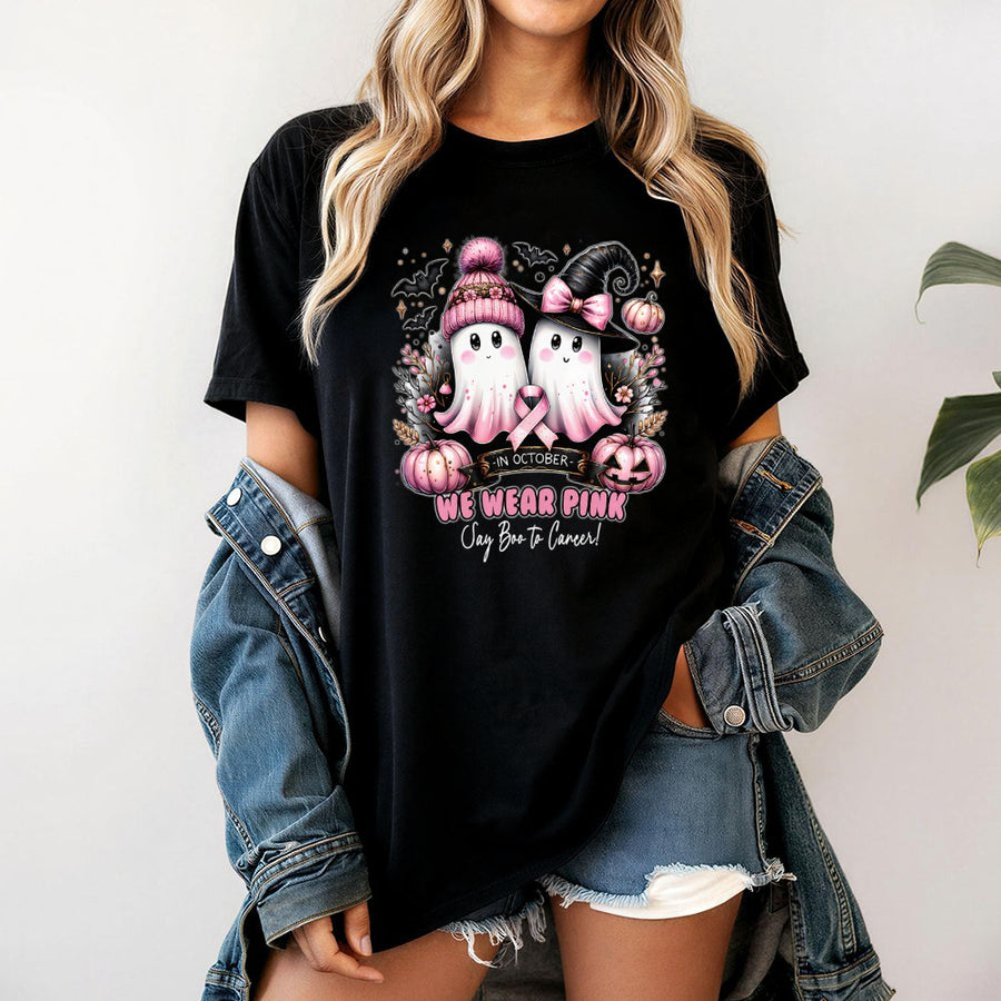 In October We Wear Pink T-Shirt | Cute Halloween Ghost Breast Cancer Awareness Graphic | 100% Cotton Premium Tee | Supportive Gift for Survivors