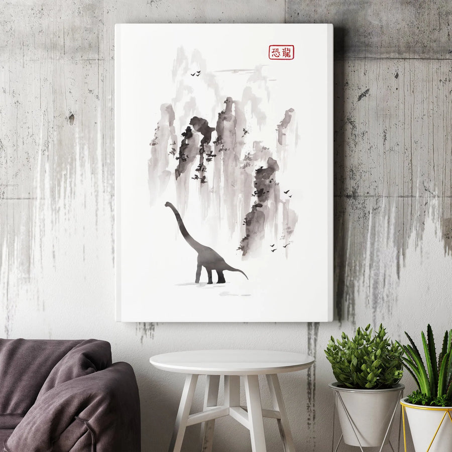 Dinosaur Canvas Wall Art | Japanese Ink Wash Brontosaurus Print | Premium Gallery Wrapped Canvas | Zen Home Decor Collector's Gift