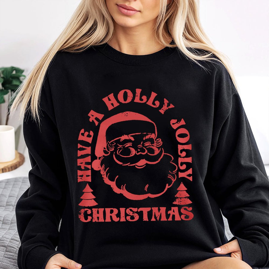 Retro Santa Christmas Sweatshirt | Have A Holly Jolly Holiday Graphic Print | Cozy Cotton Blend Unisex Crewneck | Cute Xmas Gift For Women And Men
