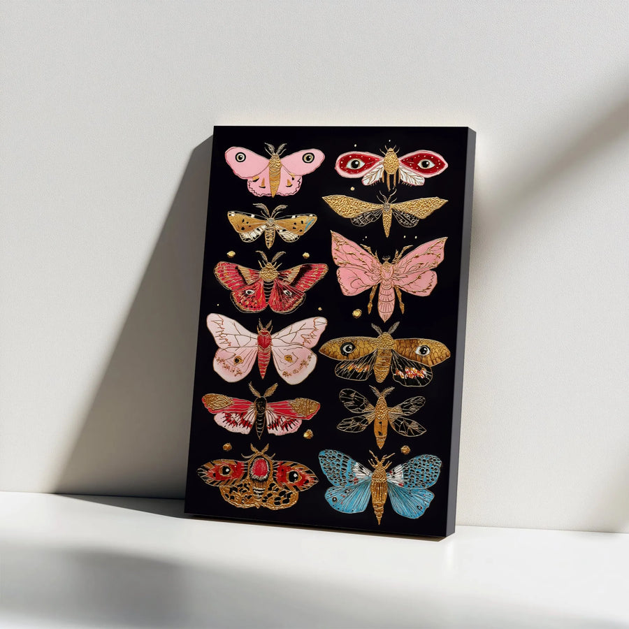 Moth Collection Canvas Art | Gothic Illustration with Gold Detail | Premium 1.25" Thick Canvas | Dark Academia Home Decor Gift