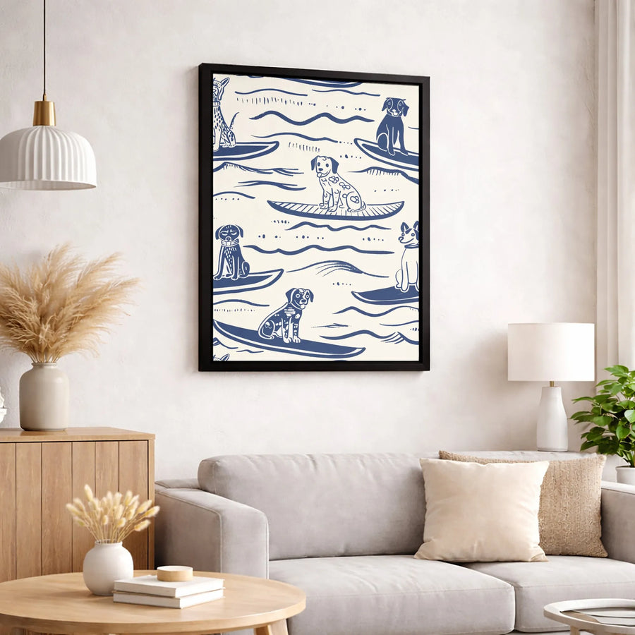 Surfing Dog Wall Art | Coastal Blue and White Puppy Print | Premium Gallery Wrapped 1.25" Canvas | Beach House Decor for Dog Lovers