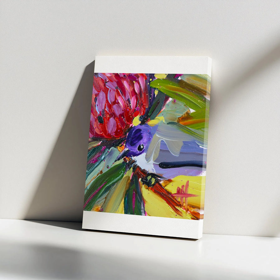 Fairy Wren and Waratah Canvas Print | Abstract Impasto Style Australian Bird Art | Premium Gallery Quality | Collector's Gift for Nature Lover