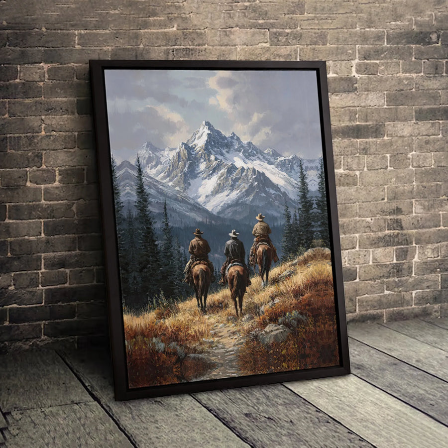 Western Cowboy Canvas Art | Three Riders In Snowy Mountains | Premium Gallery-Wrapped Print | Rustic Farmhouse Home Decor Gift