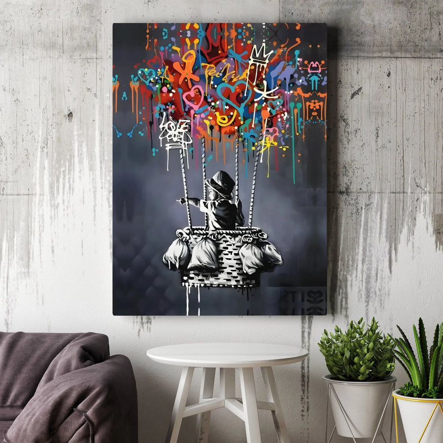 Graffiti Hot Air Balloon Canvas Wall Art | Urban Street Pop Art Print | Gallery Quality 1.25 Inch Frame | Modern Home Office Living Room Decor