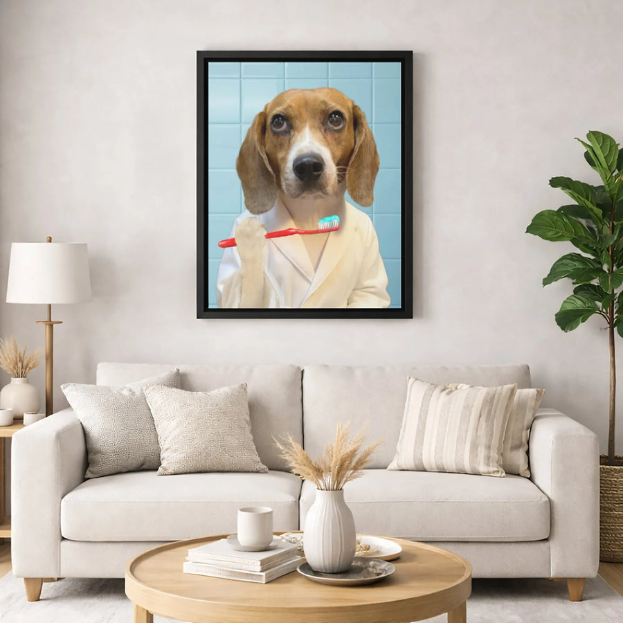 Beagle Dog Wall Art | Funny Bathroom Portrait With Toothbrush | Premium Gallery Wrapped Canvas | Whimsical Pet Lover Gift