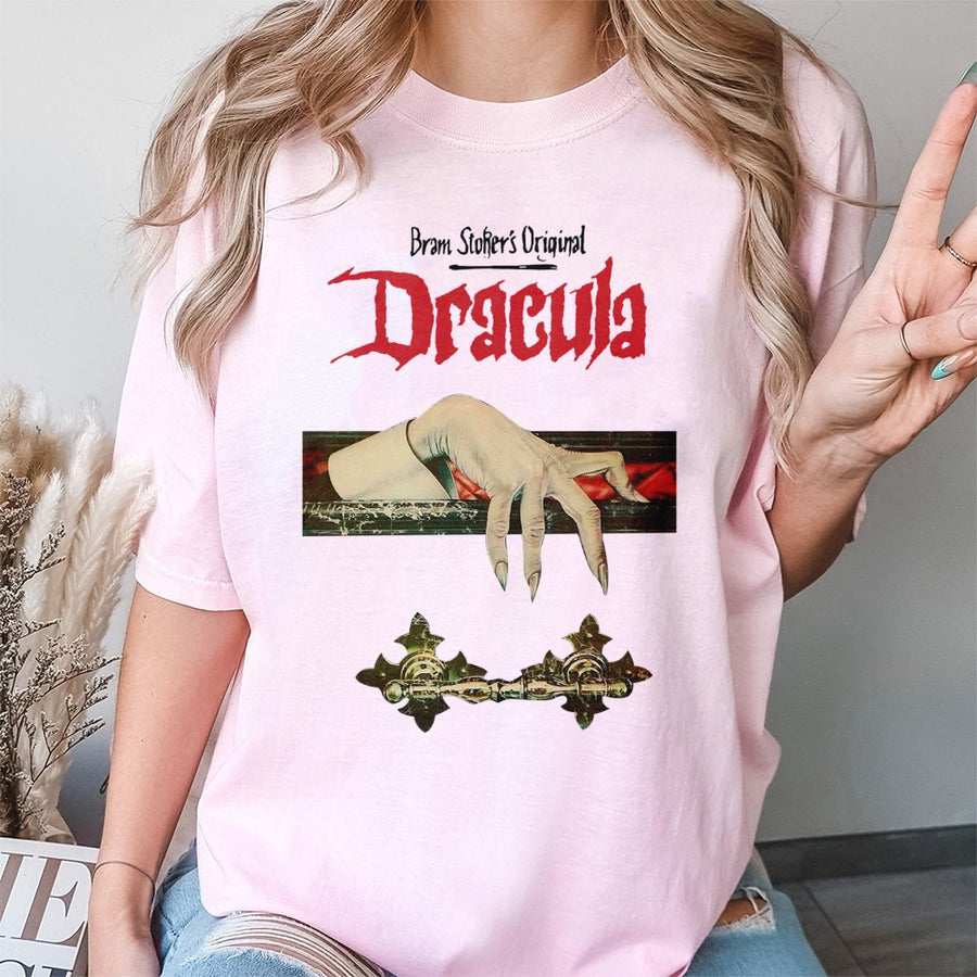 Dracula Graphic T-Shirt | Classic Gothic Horror Novel Illustration | Premium 100% Cotton Tee | Spooky Halloween Gift for Horror Movie Fans