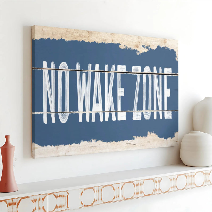 No Wake Zone Canvas Wall Art | Rustic Coastal Wood Plank Look Sign | Premium Gallery Wrapped Print | Lake House Decor Gift for Boater