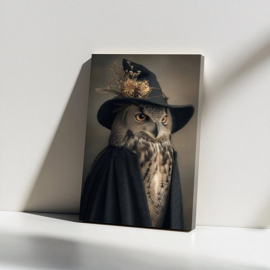 Witch Owl Vertical Canvas | Gothic Animal Portrait with Witch Hat | Premium Gallery Wrapped Wall Art | Dark Academia Home Decor Gift