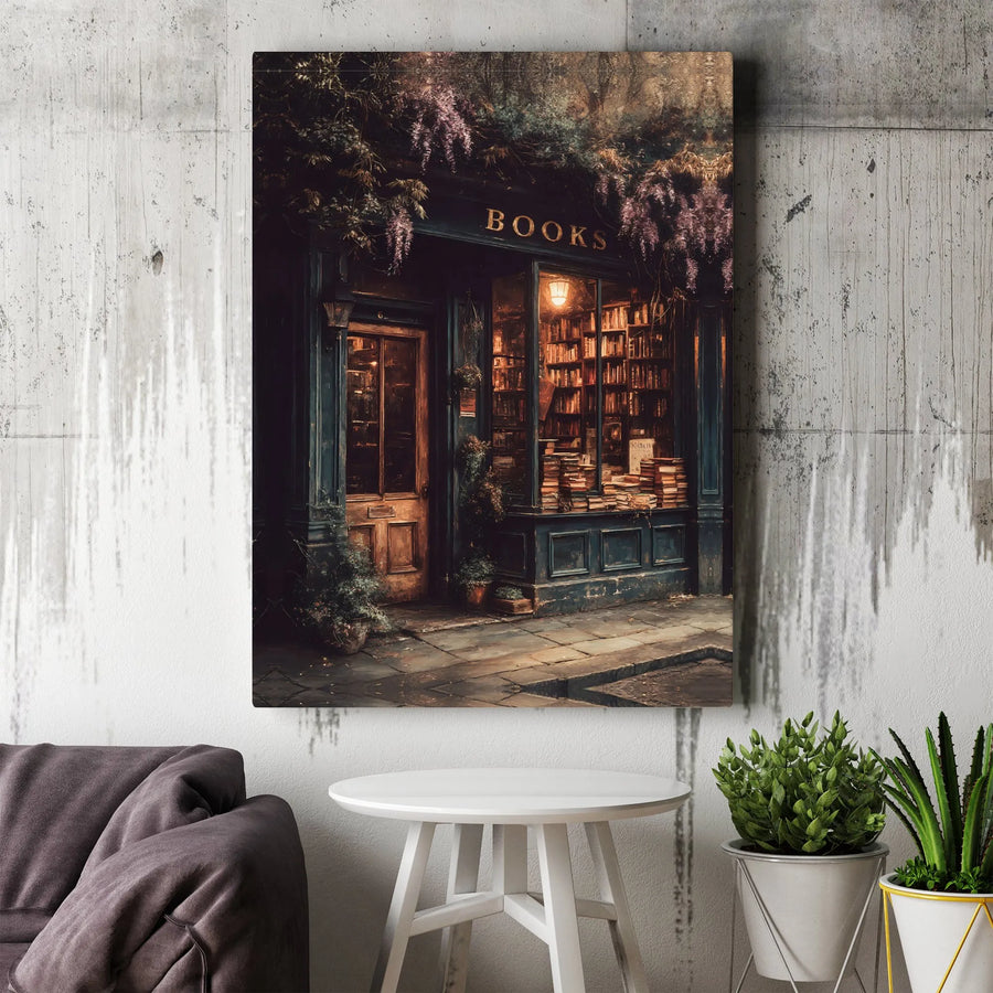 Cozy Bookstore Wall Art | Moody Library Aesthetic With Wisteria | Premium Gallery-Wrapped Canvas | Gift For Readers And Book Lovers